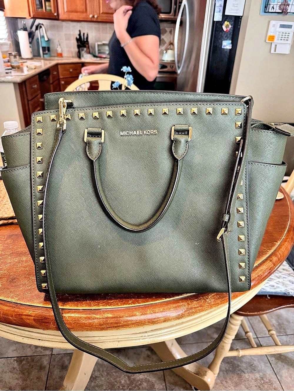 Michael Kors Selma Medium Studded Saffiano Leather Satchel in Green